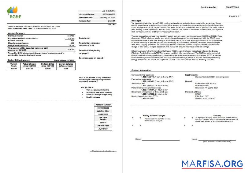 Printable USA RG&E utility bill template in Word and PDF format (2 pages) 1 2